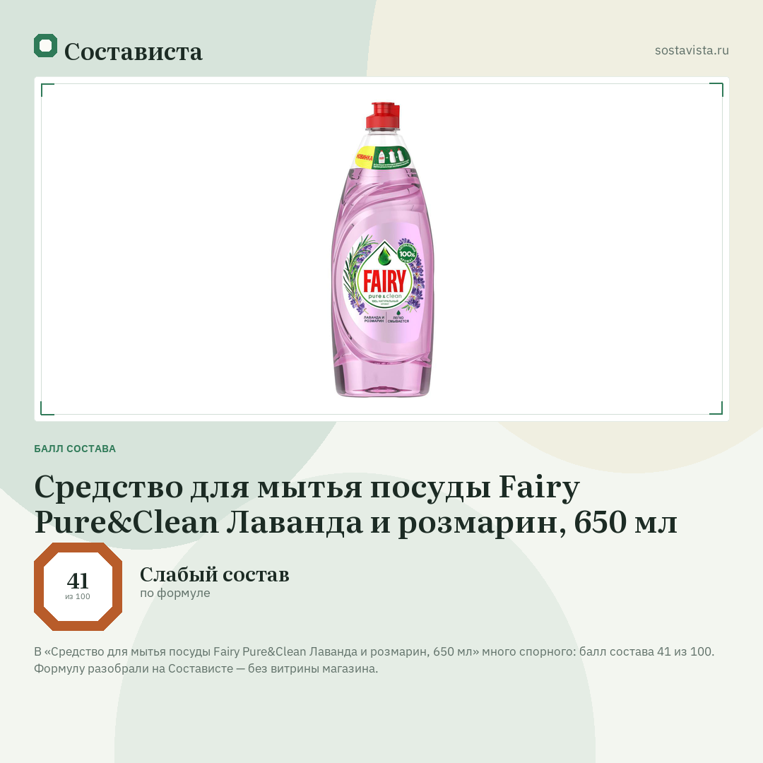 Средство для мытья посуды Fairy Pure&Clean Лаванда и розмарин, 650 мл: балл состава 41 из 100 — Состависта