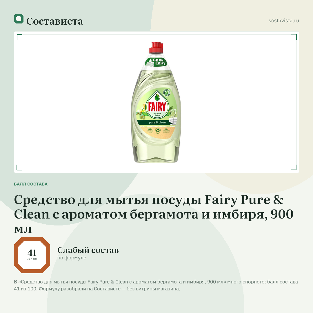 Средство для мытья посуды Fairy Pure & Clean с ароматом бергамота и имбиря, 900 мл: балл состава 41 из 100 — Состависта