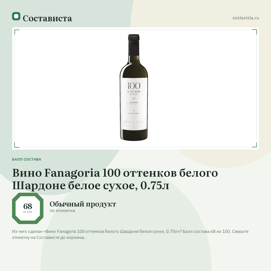 Вино Fanagoria 100 оттенков белого Шардоне белое сухое, 0.75л: балл состава 68 из 100 — Состависта