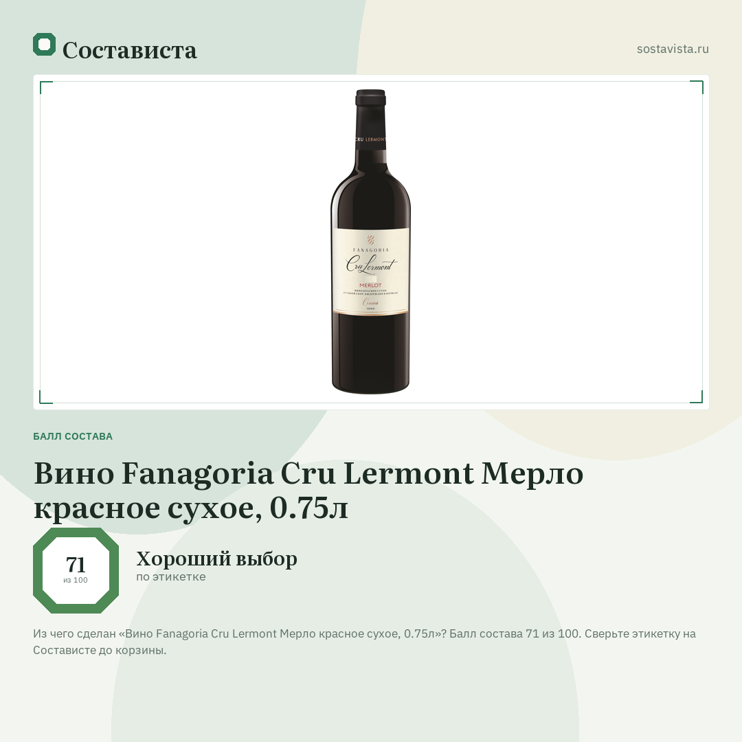 Вино Fanagoria Cru Lermont Мерло красное сухое, 0.75л: балл состава 71 из 100 — Состависта