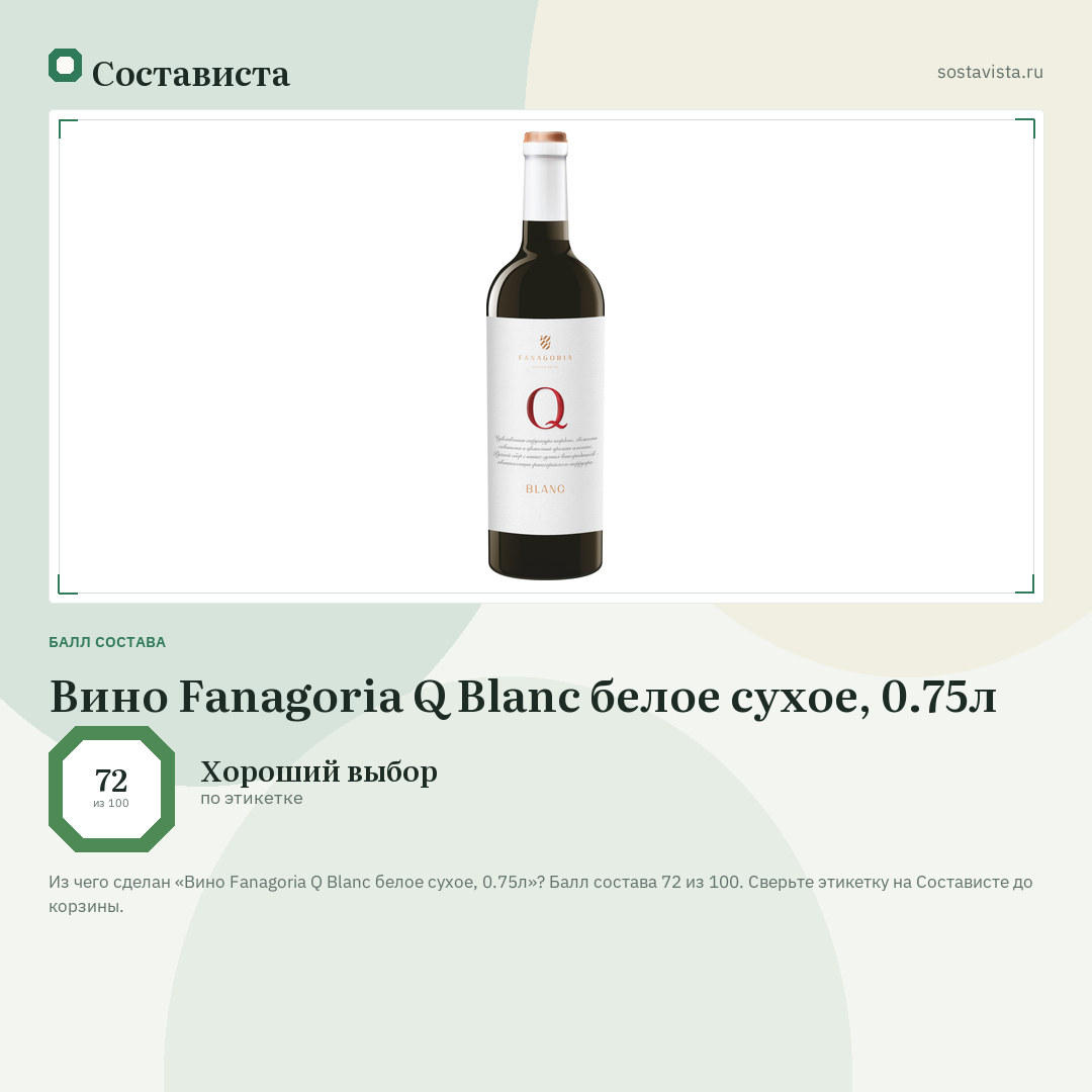 Вино Fanagoria Q Blanc белое сухое, 0.75л: балл состава 72 из 100 — Состависта