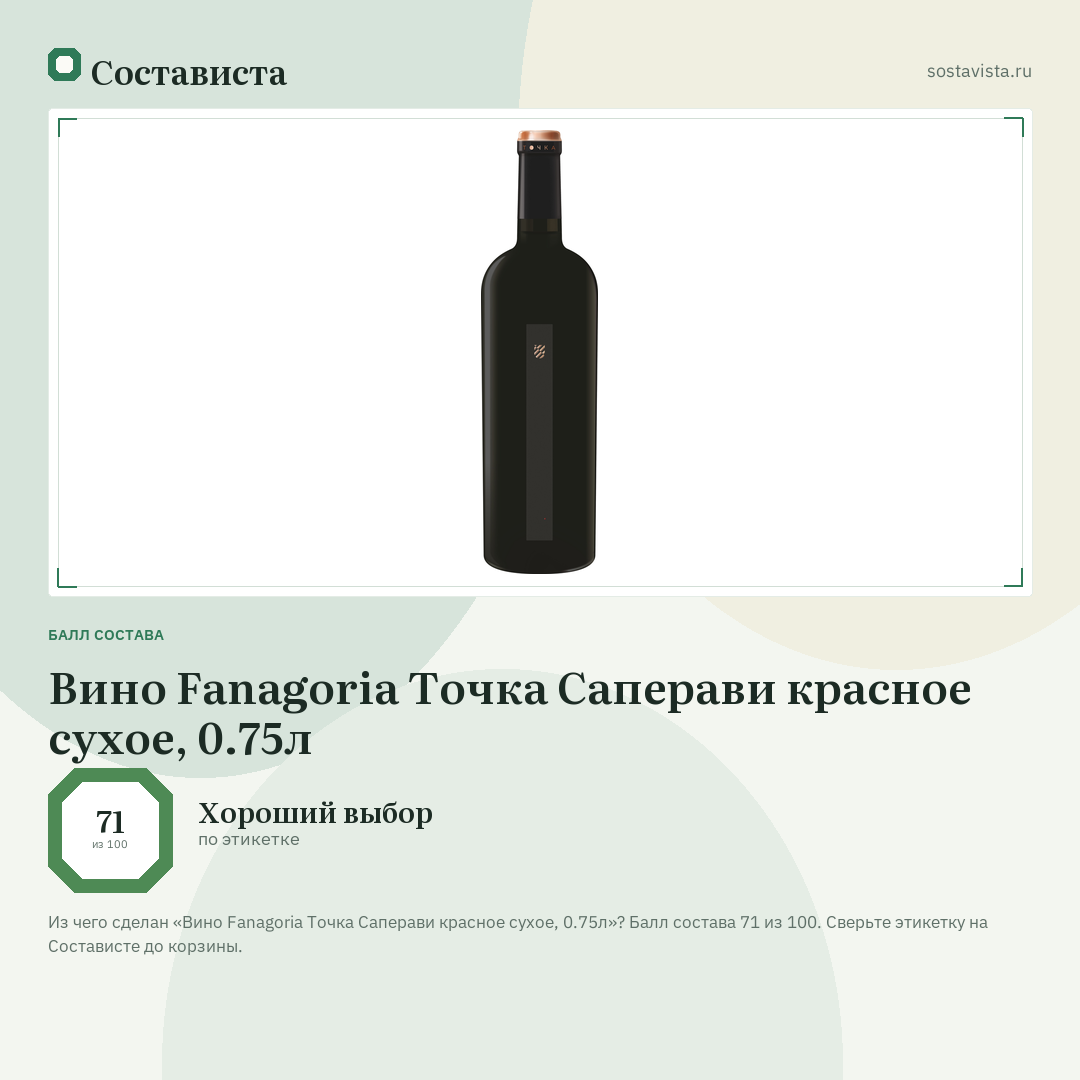 Вино Fanagoria Точка Саперави красное сухое, 0.75л: балл состава 71 из 100 — Состависта