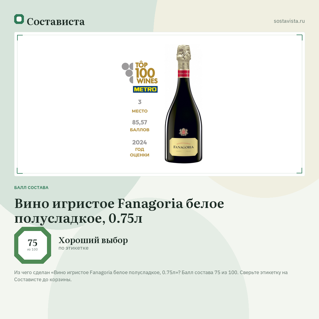 Вино игристое Fanagoria белое полусладкое, 0.75л: балл состава 75 из 100 — Состависта
