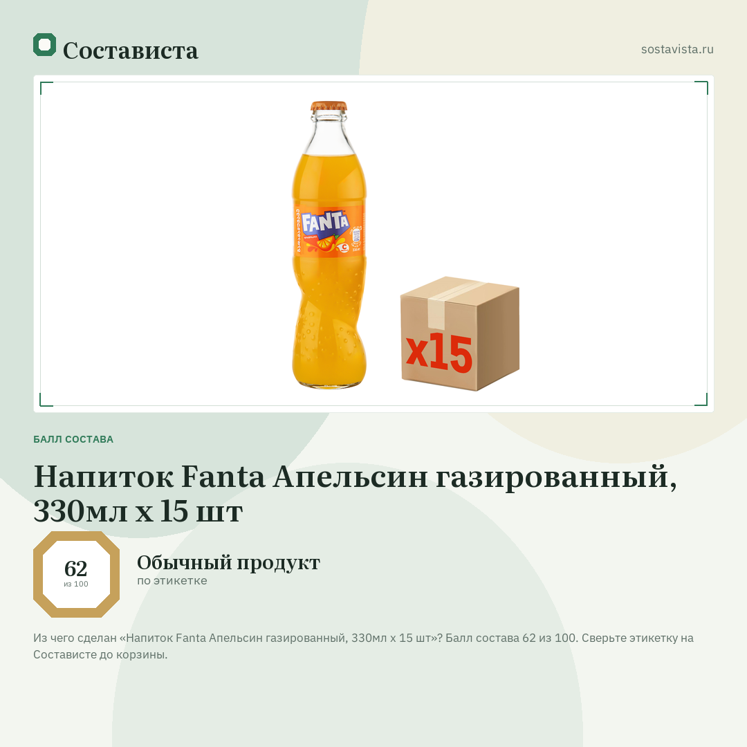 Напиток Fanta Апельсин газированный, 330мл x 15 шт: балл состава 62 из 100 — Состависта