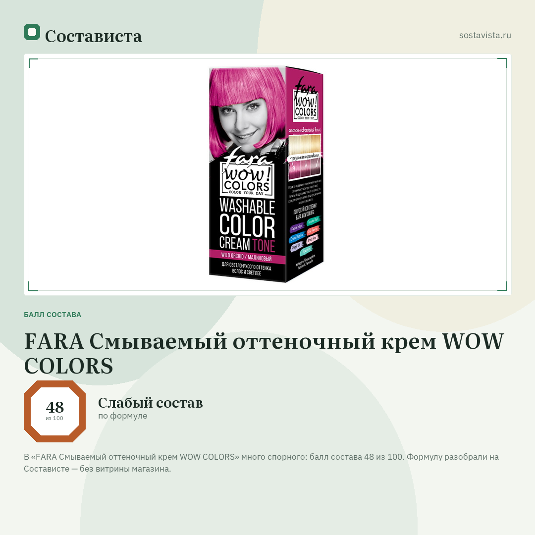 FARA Смываемый оттеночный крем WOW COLORS: балл состава 48 из 100 — Состависта