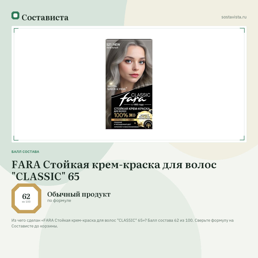 FARA Стойкая крем-краска для волос "CLASSIC" 65: балл состава 62 из 100 — Состависта