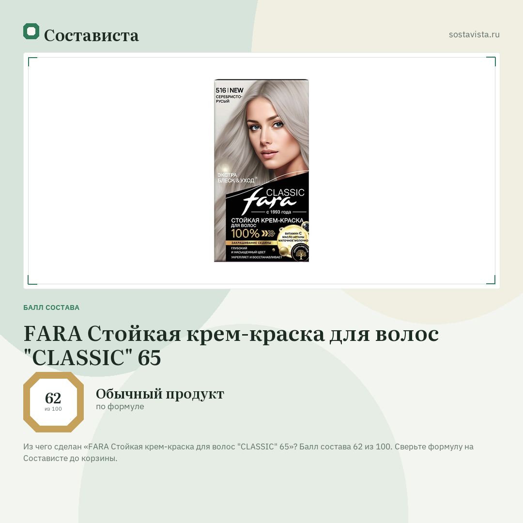FARA Стойкая крем-краска для волос "CLASSIC" 65: балл состава 62 из 100 — Состависта