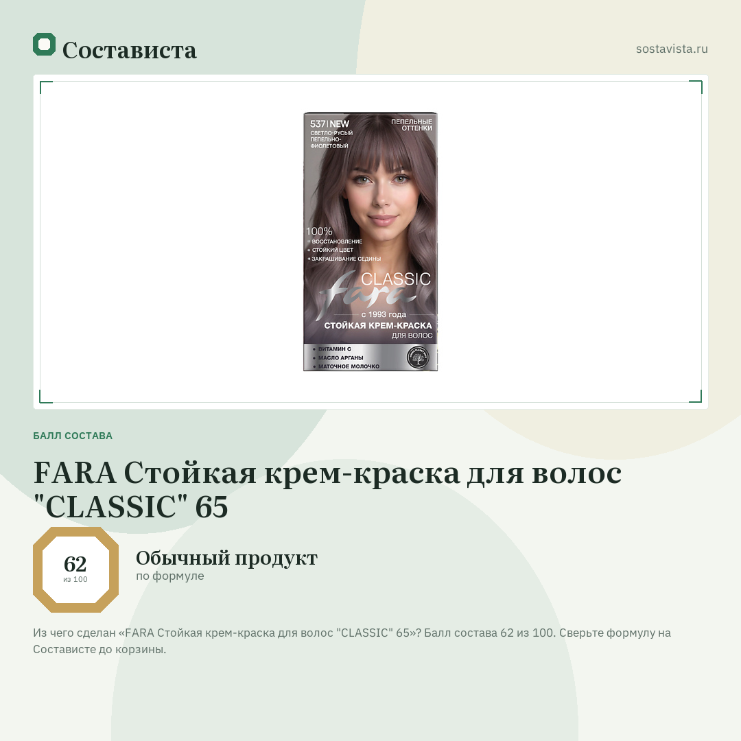 FARA Стойкая крем-краска для волос "CLASSIC" 65: балл состава 62 из 100 — Состависта