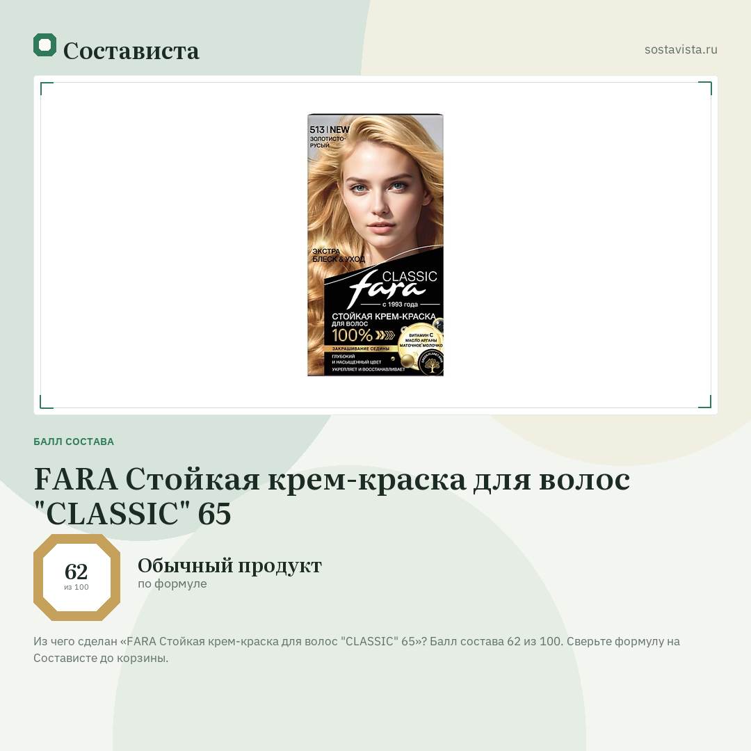 FARA Стойкая крем-краска для волос "CLASSIC" 65: балл состава 62 из 100 — Состависта