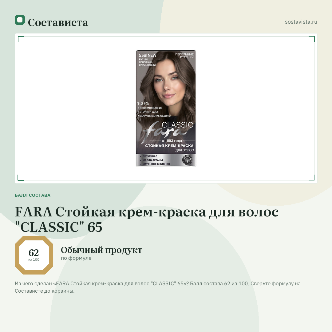 FARA Стойкая крем-краска для волос "CLASSIC" 65: балл состава 62 из 100 — Состависта