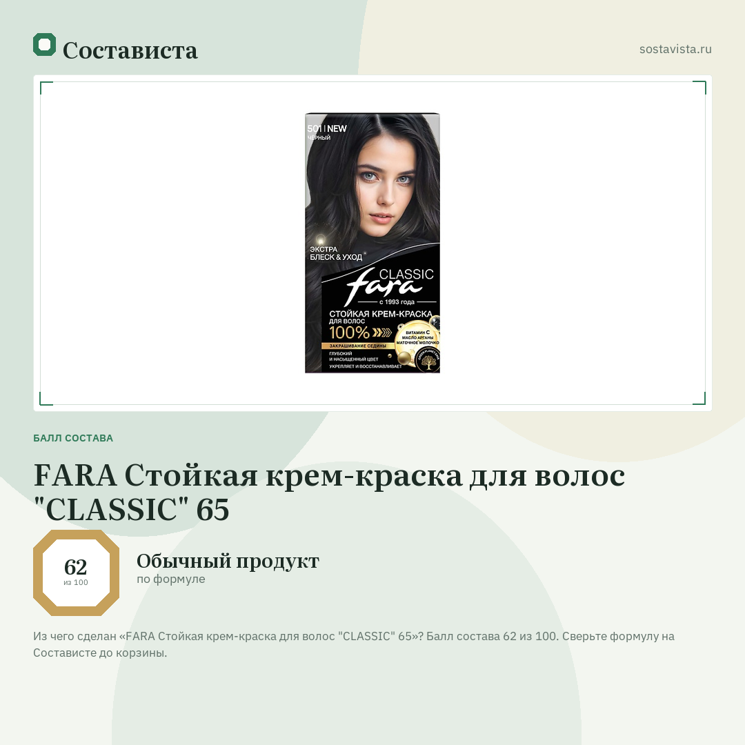 FARA Стойкая крем-краска для волос "CLASSIC" 65: балл состава 62 из 100 — Состависта