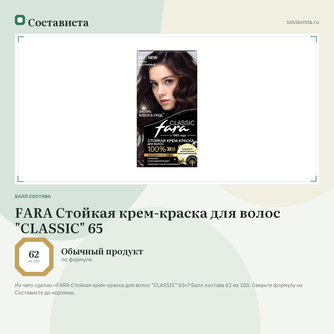 FARA Стойкая крем-краска для волос "CLASSIC" 65: балл состава 62 из 100 — Состависта