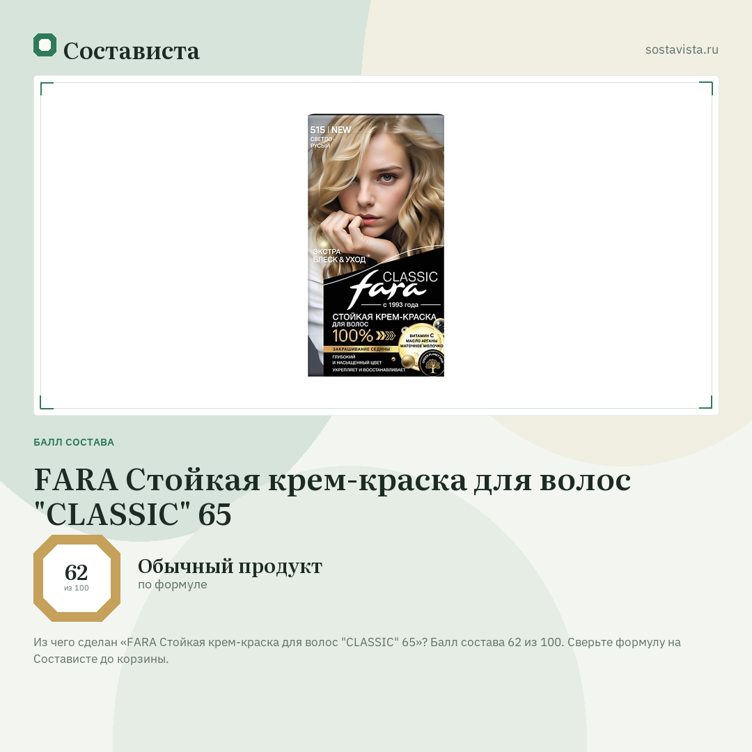 FARA Стойкая крем-краска для волос "CLASSIC" 65: балл состава 62 из 100 — Состависта