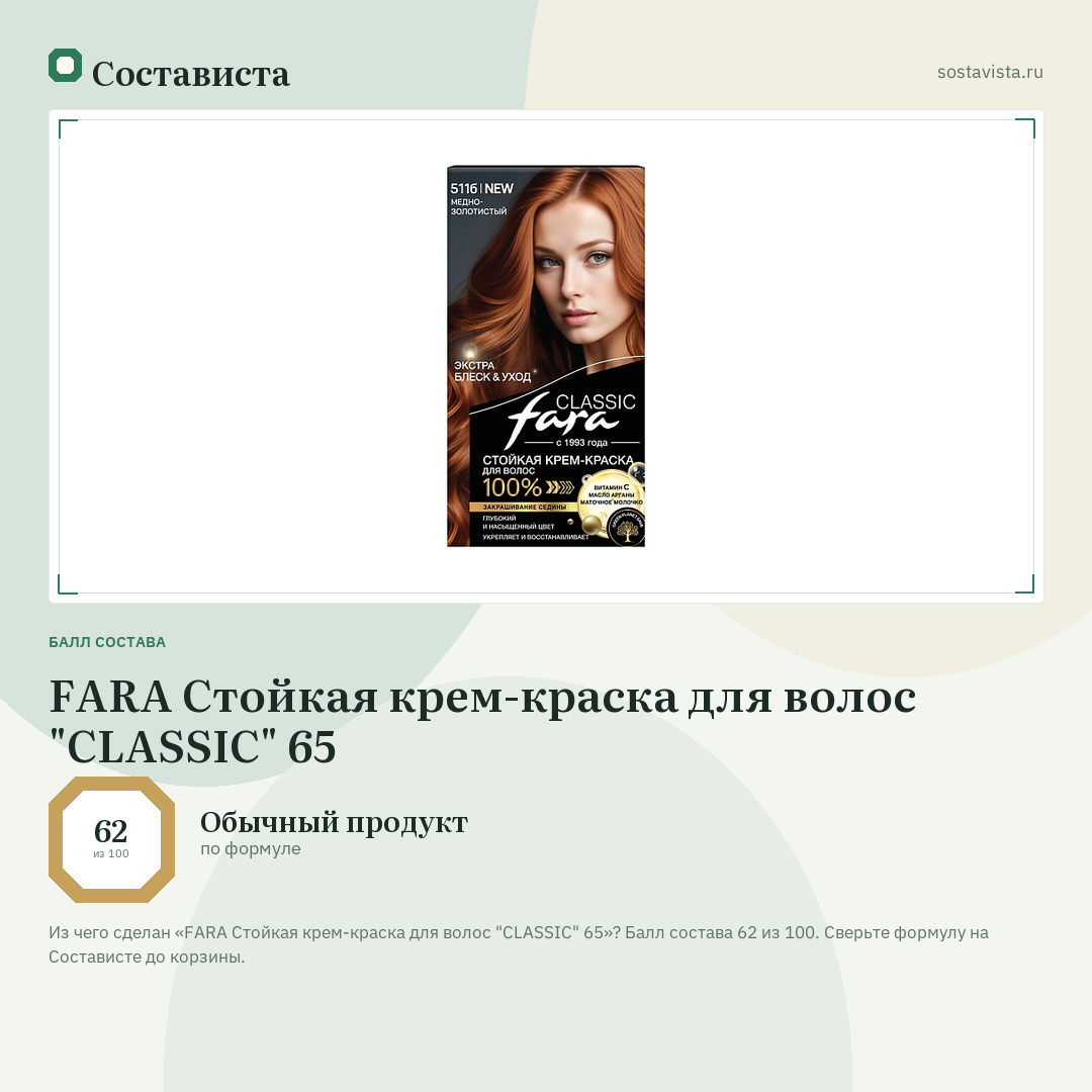FARA Стойкая крем-краска для волос "CLASSIC" 65: балл состава 62 из 100 — Состависта