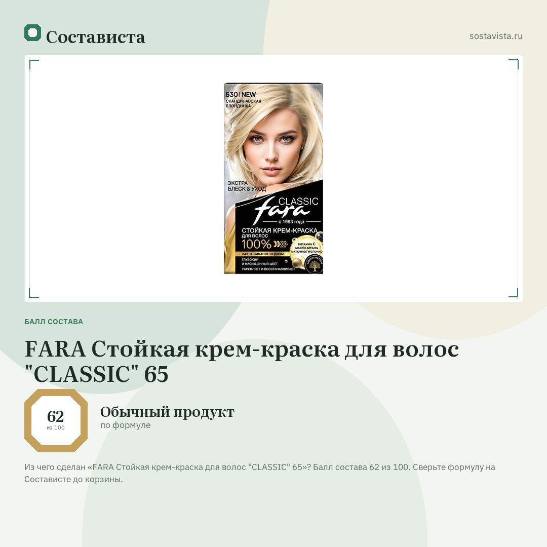 FARA Стойкая крем-краска для волос "CLASSIC" 65: балл состава 62 из 100 — Состависта