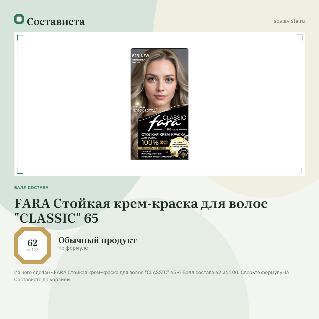 FARA Стойкая крем-краска для волос "CLASSIC" 65: балл состава 62 из 100 — Состависта