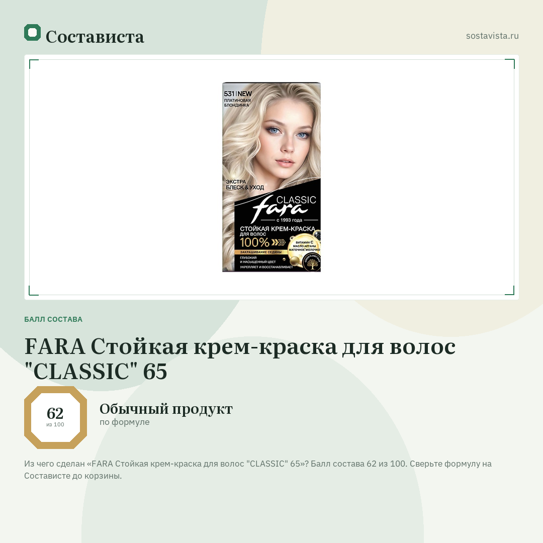 FARA Стойкая крем-краска для волос "CLASSIC" 65: балл состава 62 из 100 — Состависта