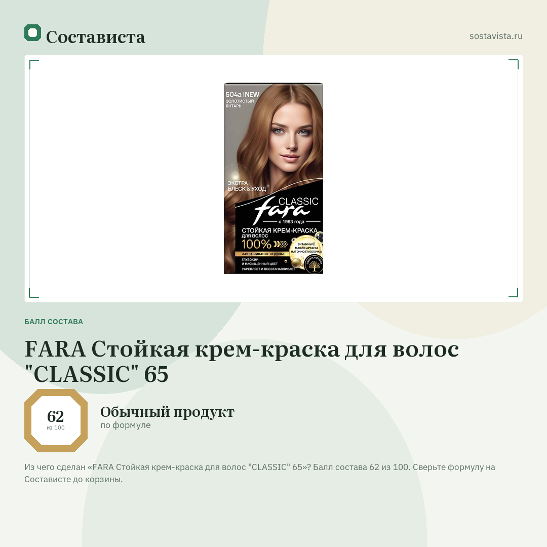 FARA Стойкая крем-краска для волос "CLASSIC" 65: балл состава 62 из 100 — Состависта