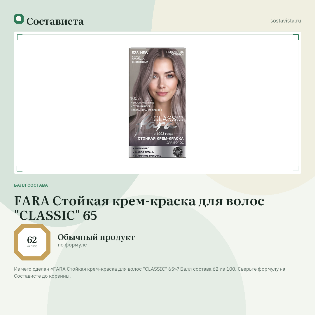 FARA Стойкая крем-краска для волос "CLASSIC" 65: балл состава 62 из 100 — Состависта
