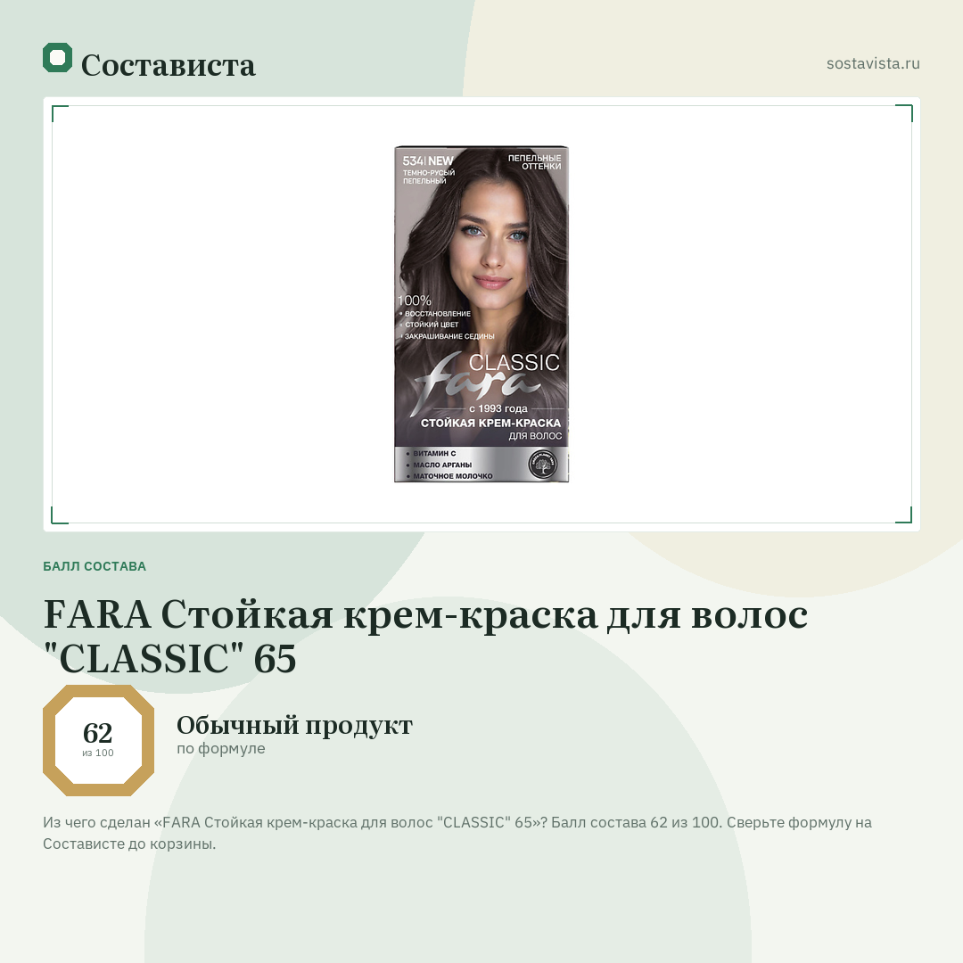 FARA Стойкая крем-краска для волос "CLASSIC" 65: балл состава 62 из 100 — Состависта