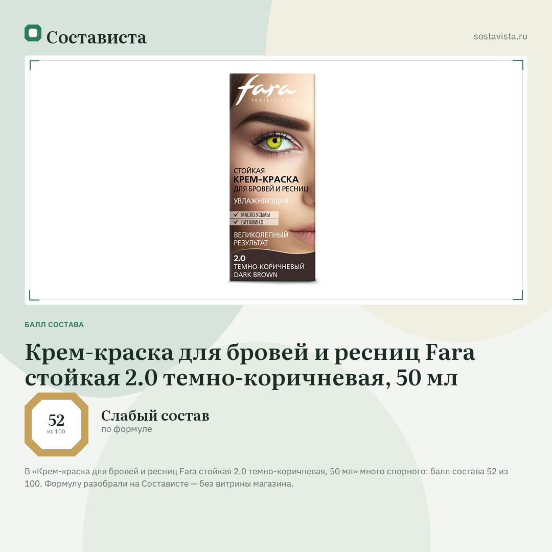 Крем-краска для бровей и ресниц Fara стойкая 2.0 темно-коричневая, 50 мл: балл состава 52 из 100 — Состависта