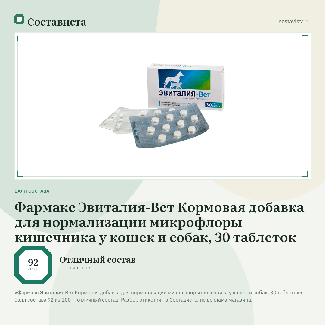 Фармакс Эвиталия-Вет Кормовая добавка для нормализации микрофлоры кишечника у кошек и собак, 30 таблеток: балл состава 92 из 100 — Состависта