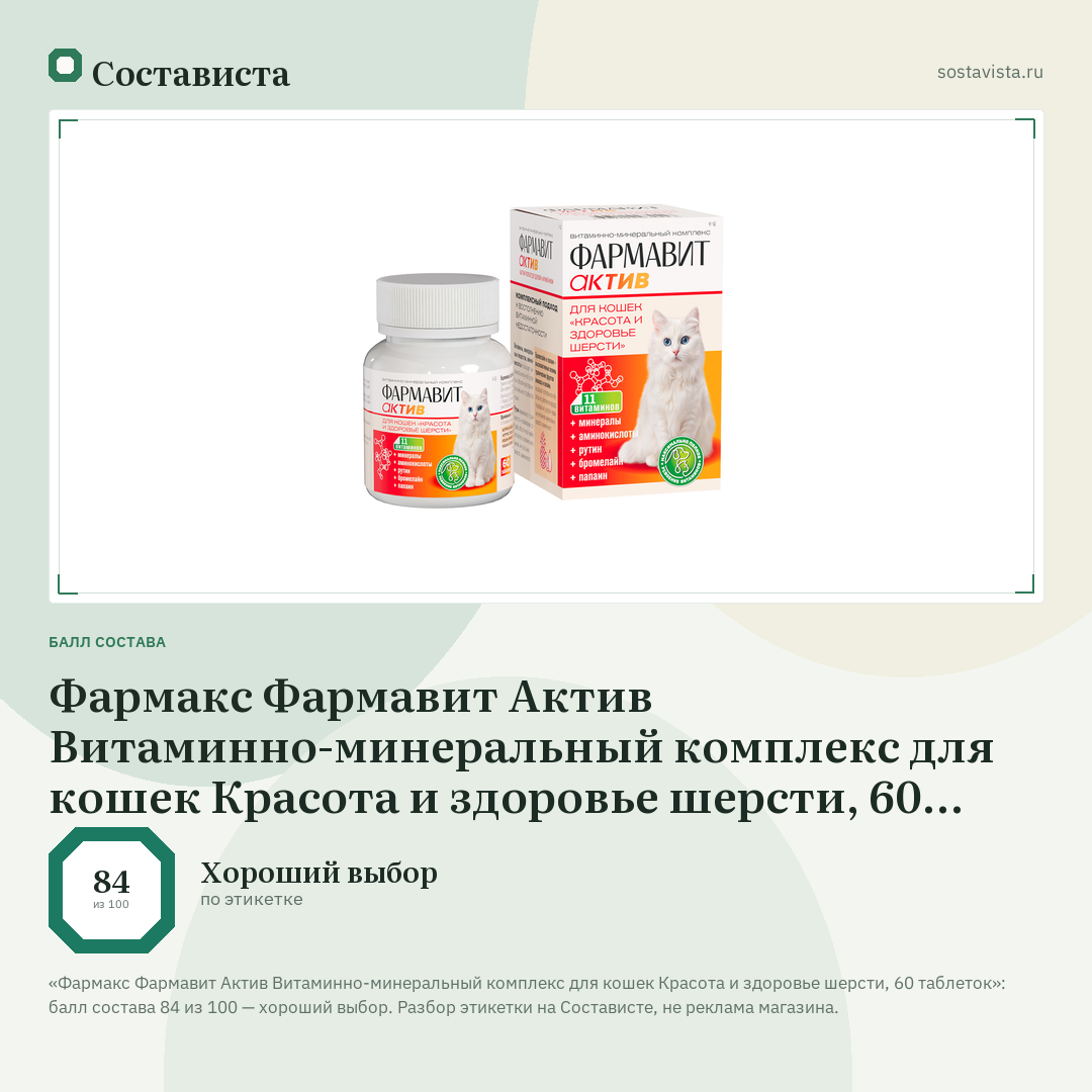 Фармакс Фармавит Актив Витаминно-минеральный комплекс для кошек Красота и здоровье шерсти, 60 таблеток: балл состава 84 из 100 — Состависта