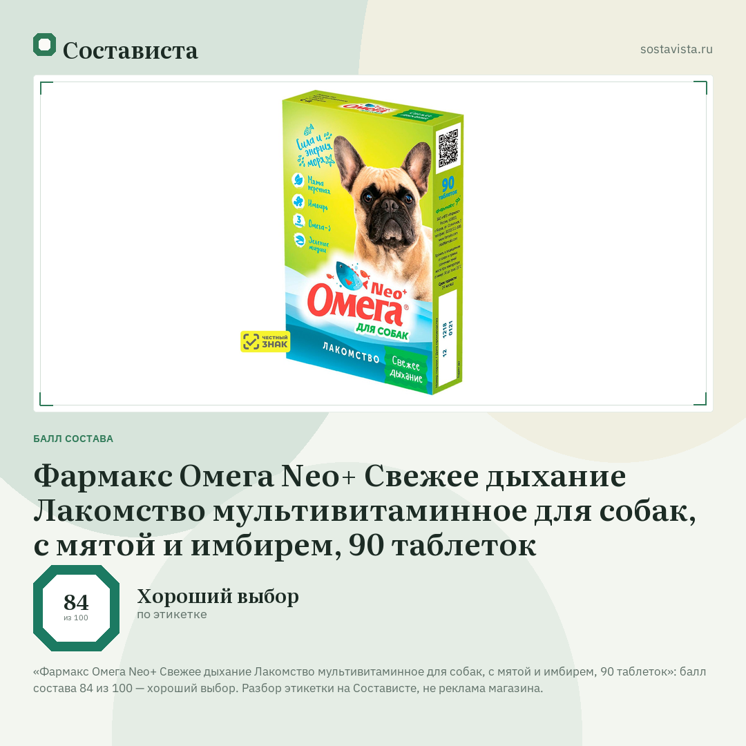 Фармакс Омега Neo+ Свежее дыхание Лакомство мультивитаминное для собак, с мятой и имбирем, 90 таблеток: балл состава 84 из 100 — Состависта