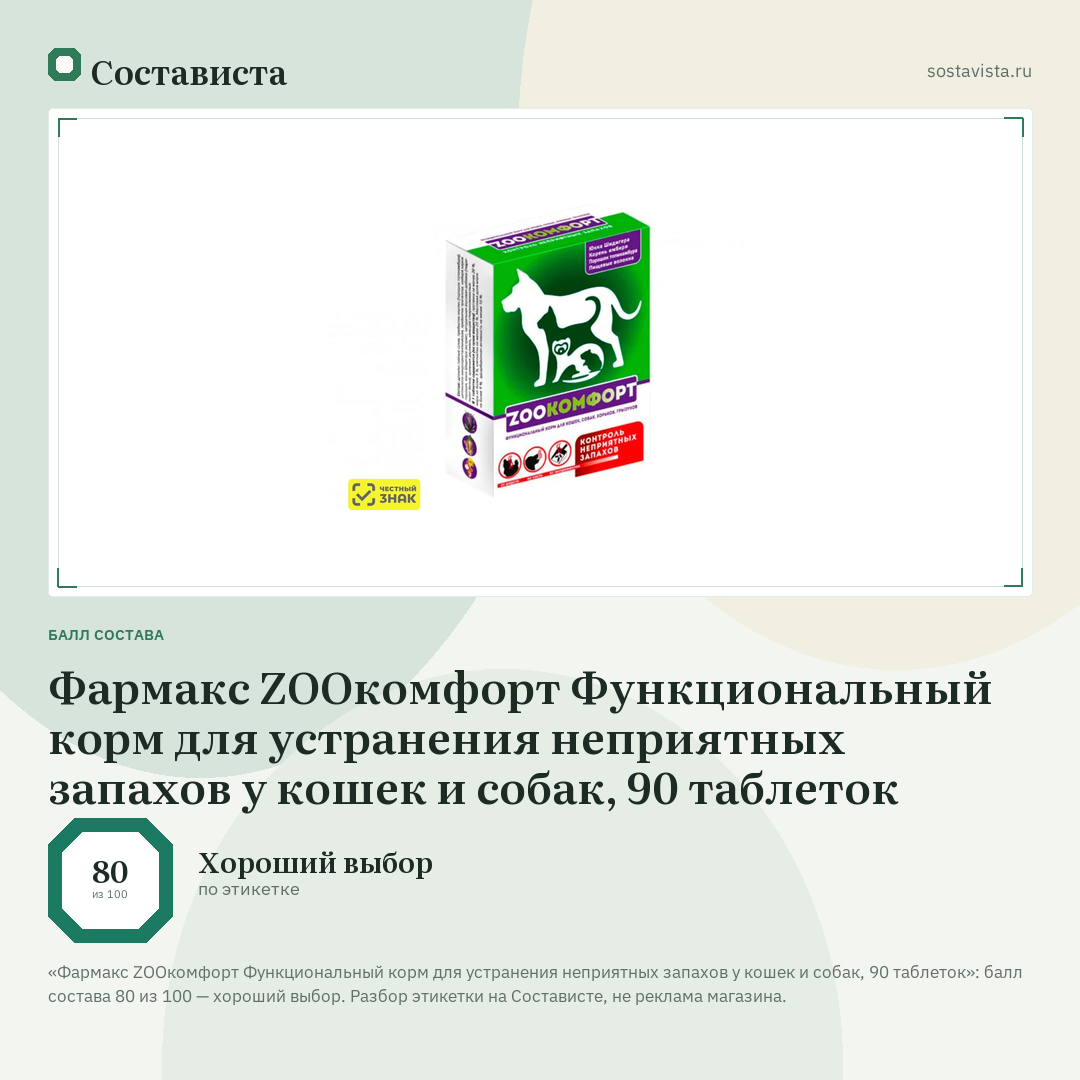 Фармакс ZOOкомфорт Функциональный корм для устранения неприятных запахов у кошек и собак, 90 таблеток: балл состава 80 из 100 — Состависта