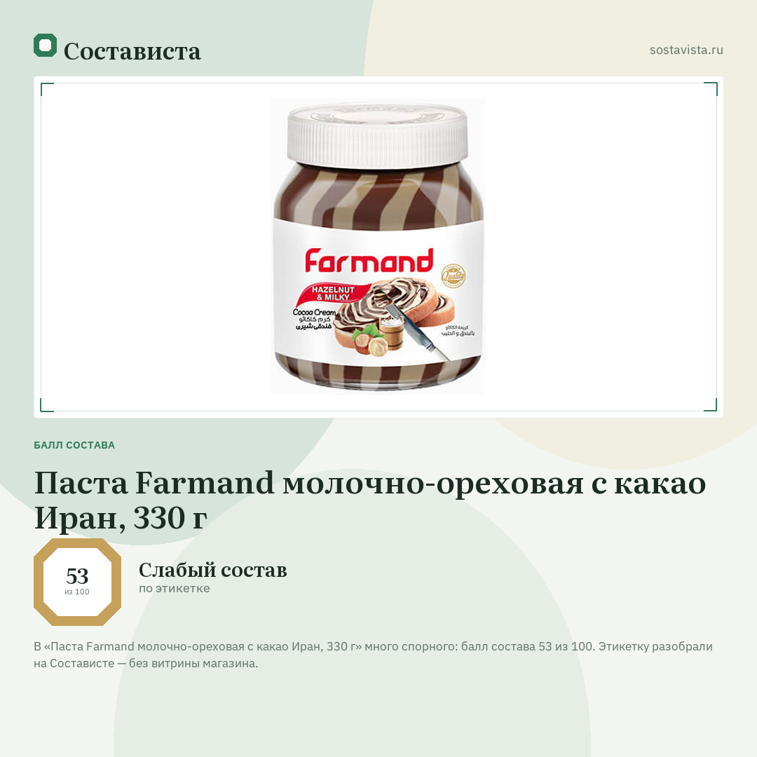 Паста Farmand молочно-ореховая с какао Иран, 330 г: балл состава 53 из 100 — Состависта