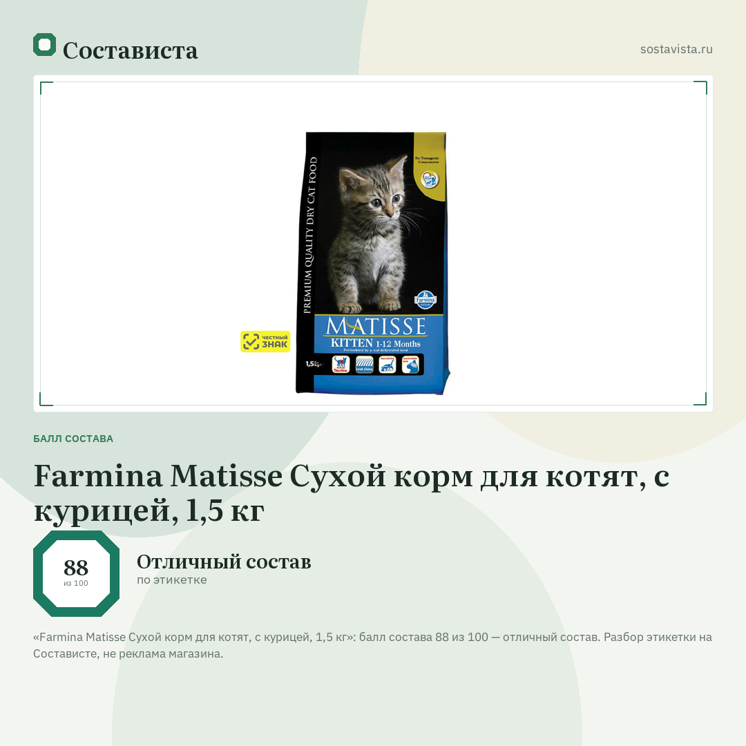 Farmina Matisse Cухой корм для котят, с курицей, 1,5 кг: балл состава 88 из 100 — Состависта