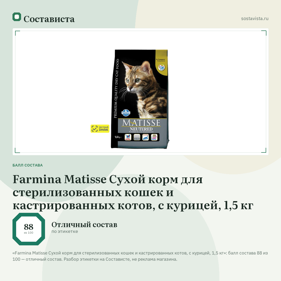 Farmina Matisse Cухой корм для стерилизованных кошек и кастрированных котов, с курицей, 1,5 кг: балл состава 88 из 100 — Состависта