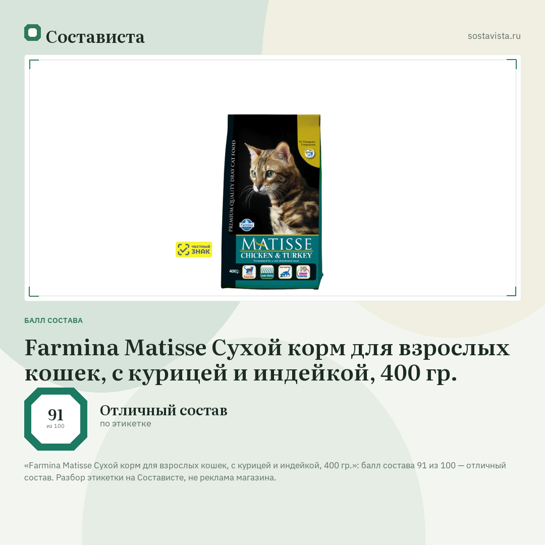 Farmina Matisse Cухой корм для взрослых кошек, с курицей и индейкой, 400 гр.: балл состава 91 из 100 — Состависта
