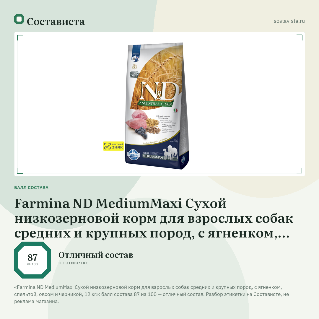 Farmina ND MediumMaxi Сухой низкозерновой корм для взрослых собак средних и крупных пород, с ягненком, спельтой, овсом и черникой, 12 кr: балл состава 87 из 100 — Состависта