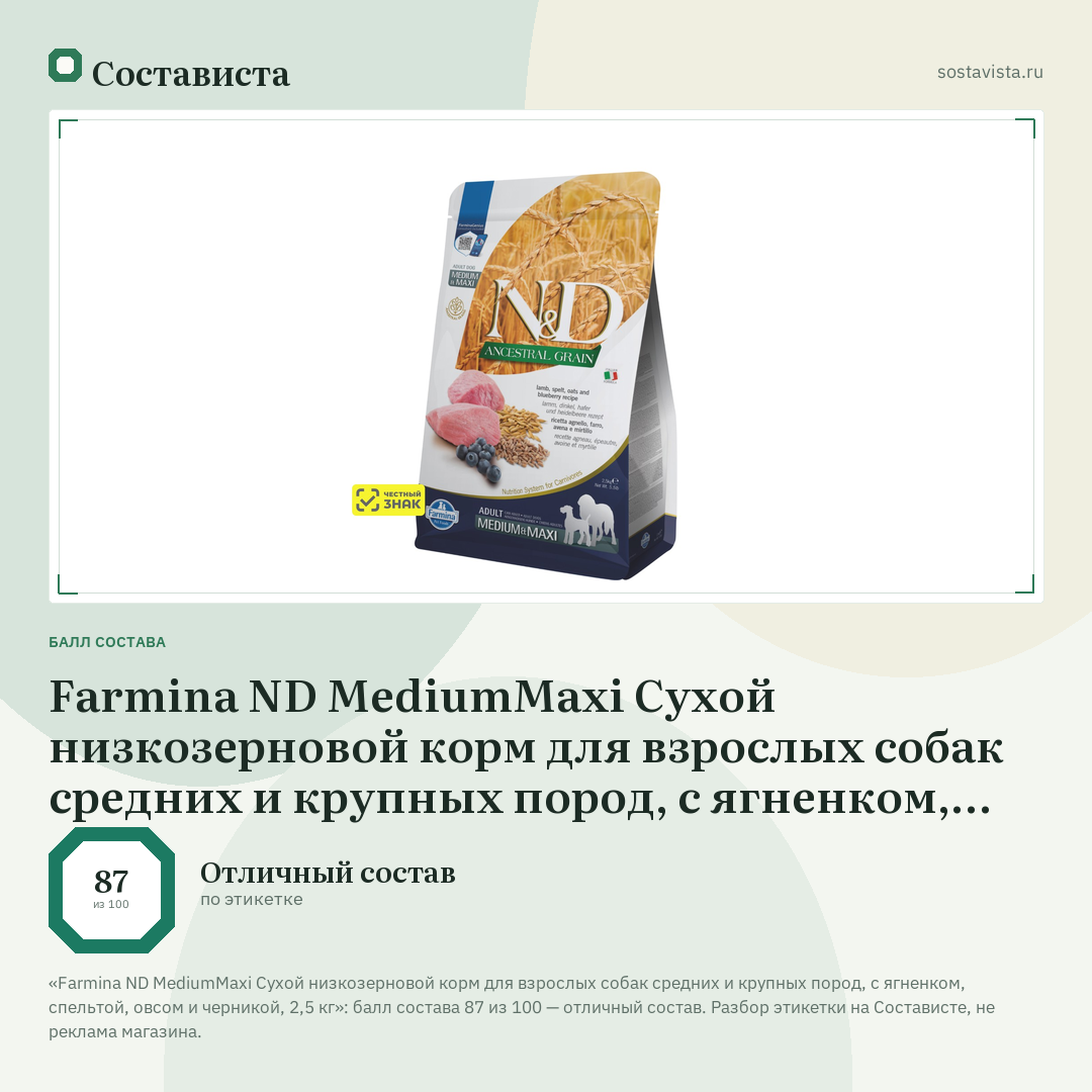 Farmina ND MediumMaxi Сухой низкозерновой корм для взрослых собак средних и крупных пород, с ягненком, спельтой, овсом и черникой, 2,5 кг: балл состава 87 из 100 — Состависта