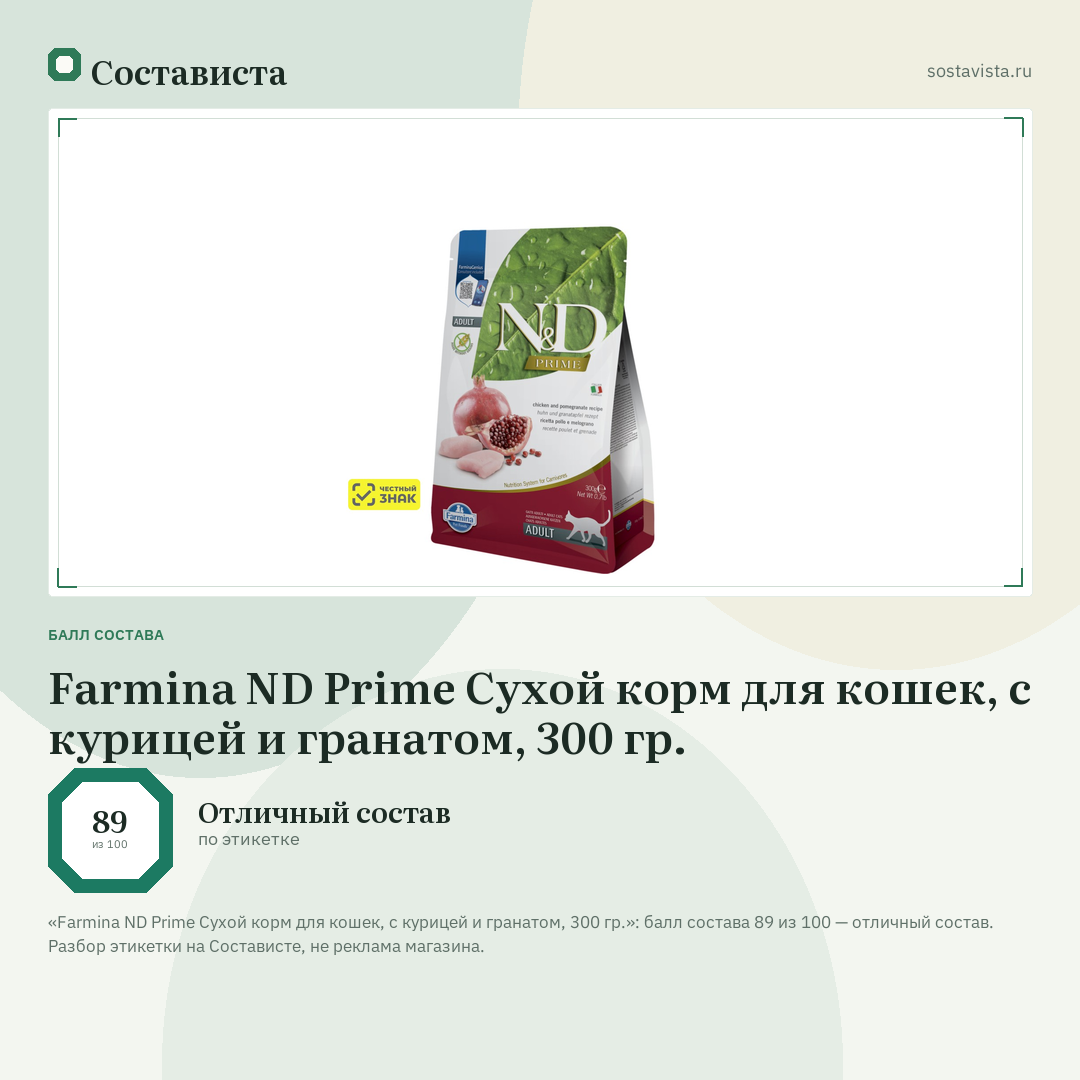 Farmina ND Prime Сухой корм для кошек, с курицей и гранатом, 300 гр.: балл состава 89 из 100 — Состависта