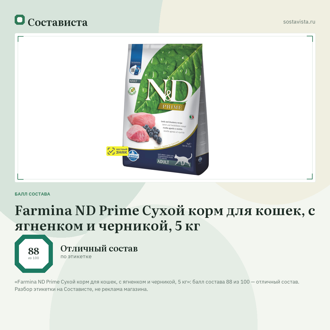 Farmina ND Prime Сухой корм для кошек, с ягненком и черникой, 5 кг: балл состава 88 из 100 — Состависта