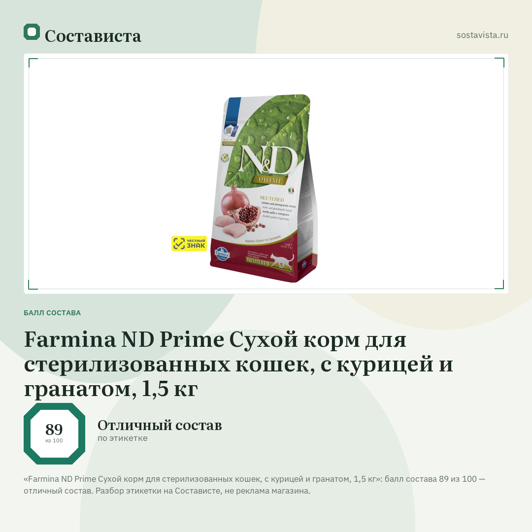 Farmina ND Prime Сухой корм для стерилизованных кошек, с курицей и гранатом, 1,5 кг: балл состава 89 из 100 — Состависта