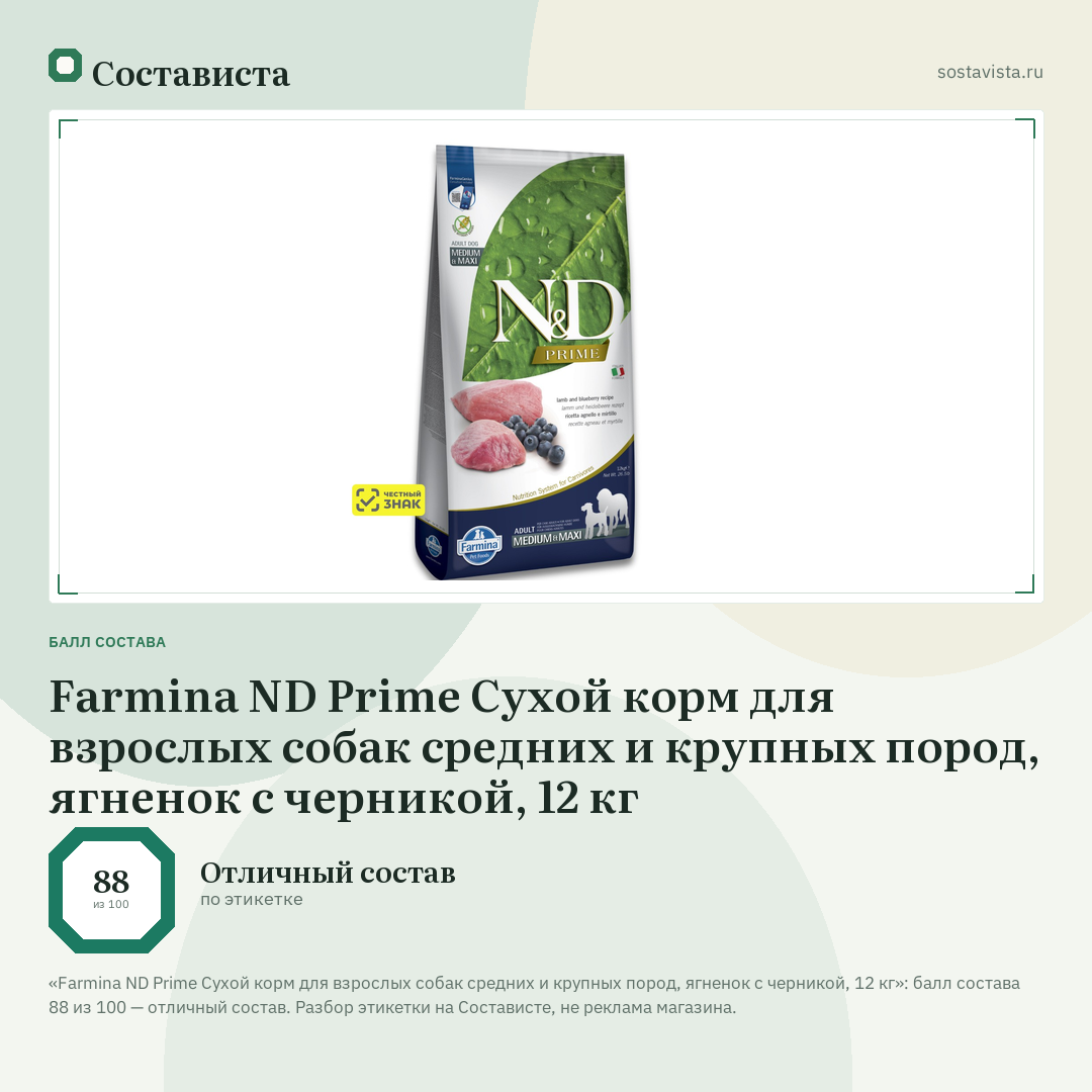 Farmina ND Prime Сухой корм для взрослых собак средних и крупных пород, ягненок с черникой, 12 кг: балл состава 88 из 100 — Состависта