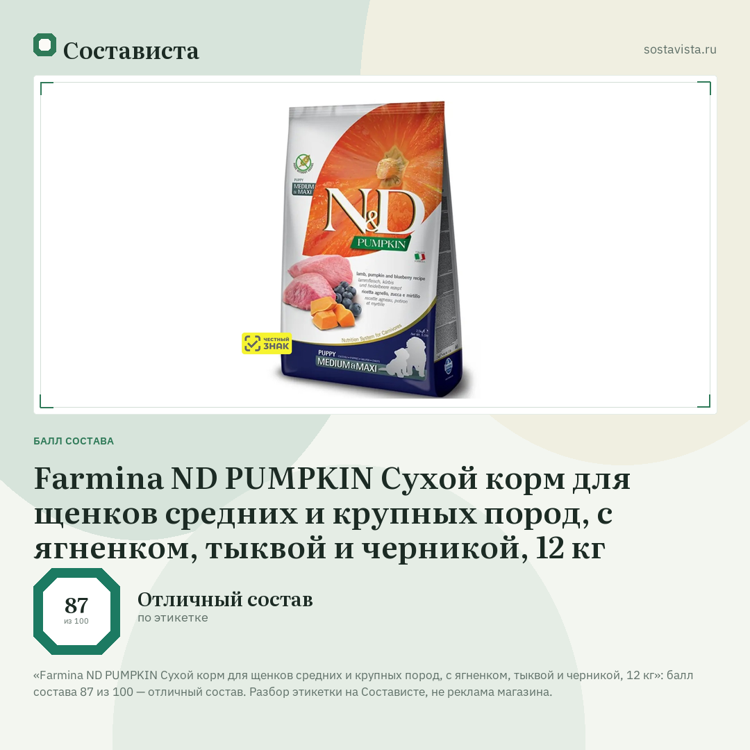 Farmina ND PUMPKIN Сухой корм для щенков средних и крупных пород, с ягненком, тыквой и черникой, 12 кг: балл состава 87 из 100 — Состависта