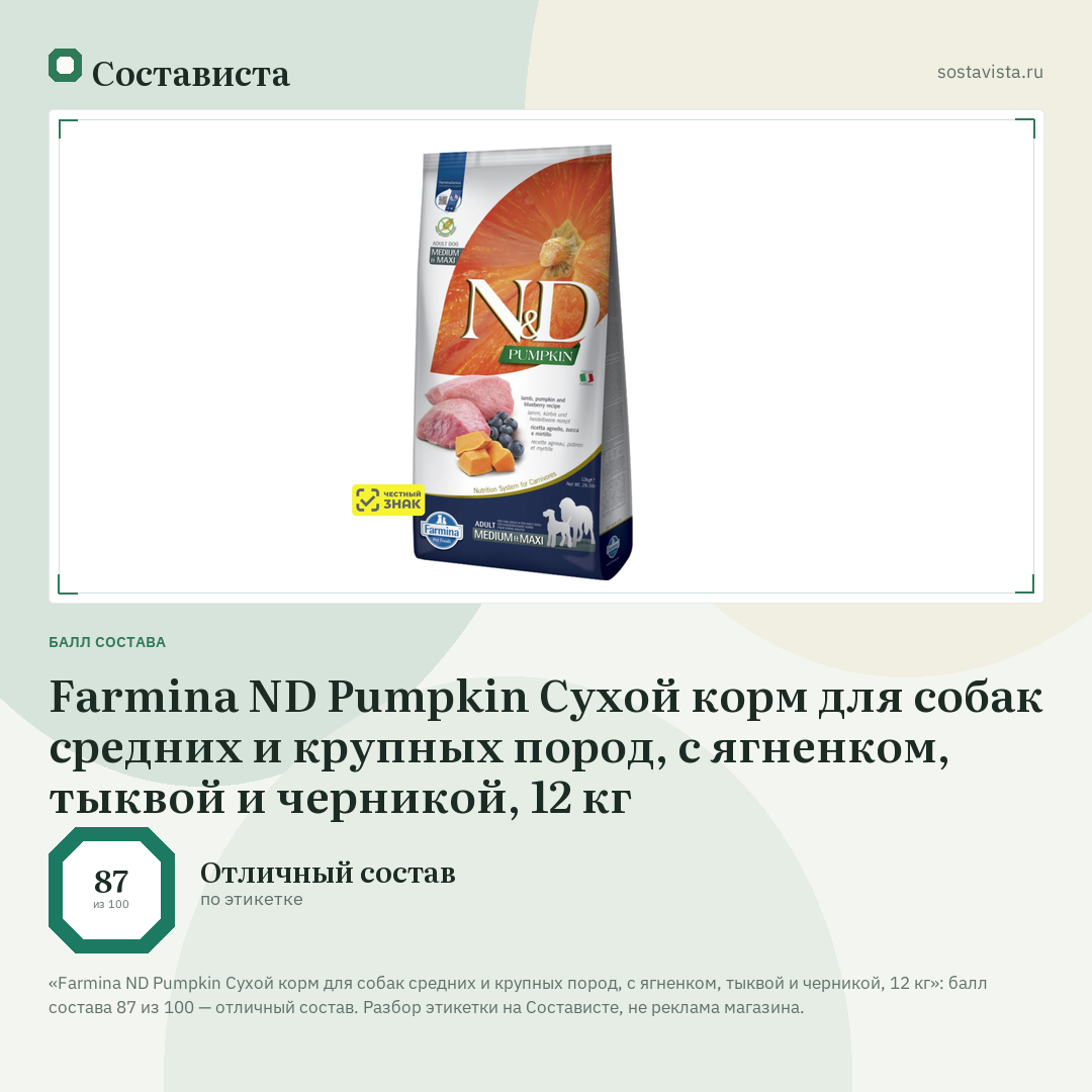 Farmina ND Pumpkin Сухой корм для собак средних и крупных пород, с ягненком, тыквой и черникой, 12 кг: балл состава 87 из 100 — Состависта