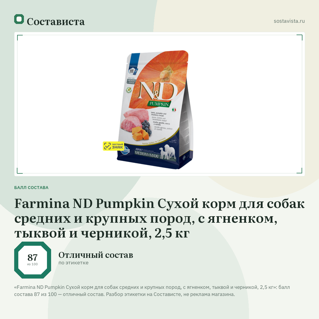 Farmina ND Pumpkin Сухой корм для собак средних и крупных пород, с ягненком, тыквой и черникой, 2,5 кг: балл состава 87 из 100 — Состависта