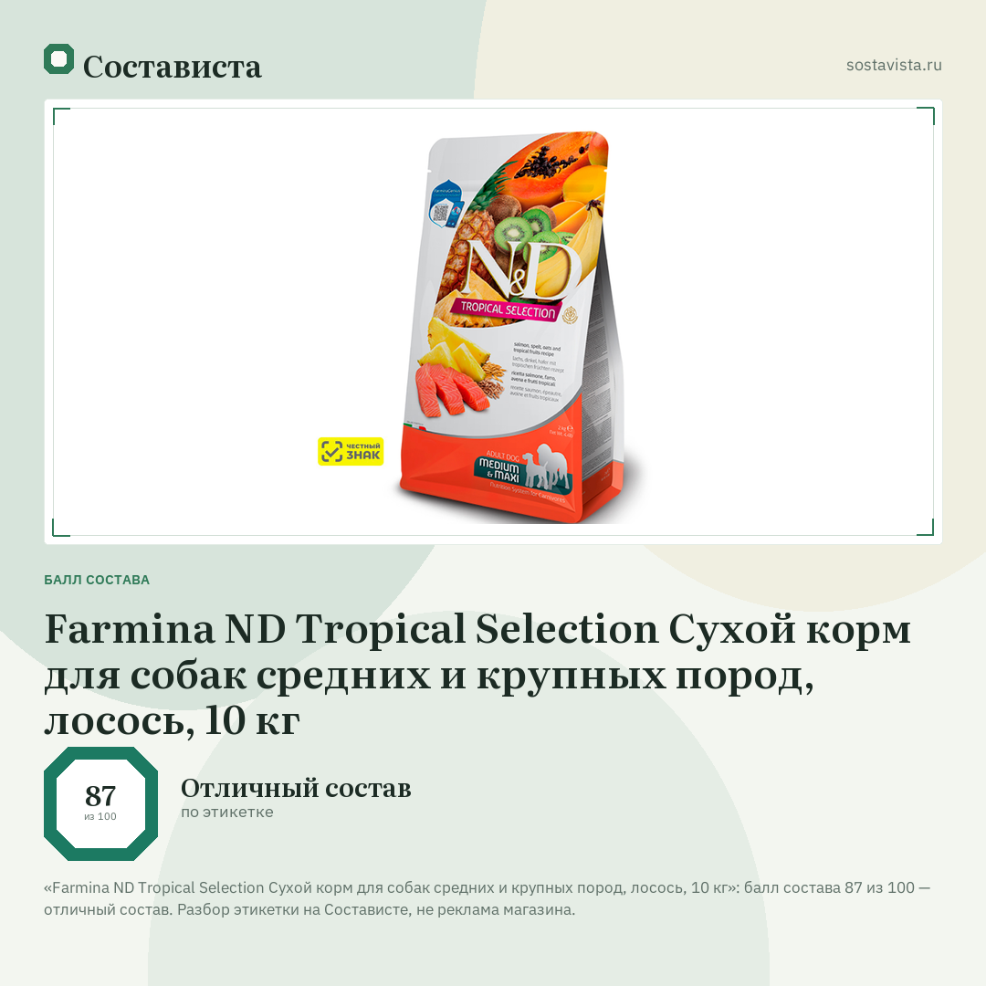 Farmina ND Tropical Selection Сухой корм для собак средних и крупных пород, лосось, 10 кг: балл состава 87 из 100 — Состависта