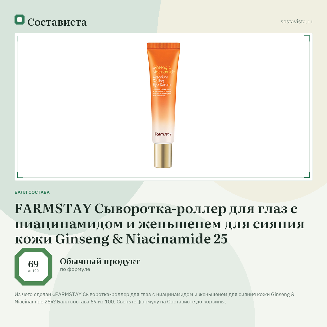 FARMSTAY Сыворотка-роллер для глаз c ниацинамидом и женьшенем для сияния кожи Ginseng & Niacinamide 25: балл состава 69 из 100 — Состависта