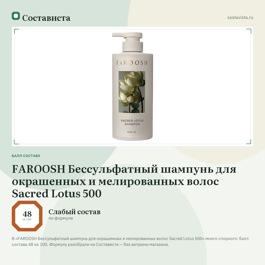 FAROOSH Бессульфатный шампунь для окрашенных и мелированных волос Sacred Lotus 500: балл состава 48 из 100 — Состависта