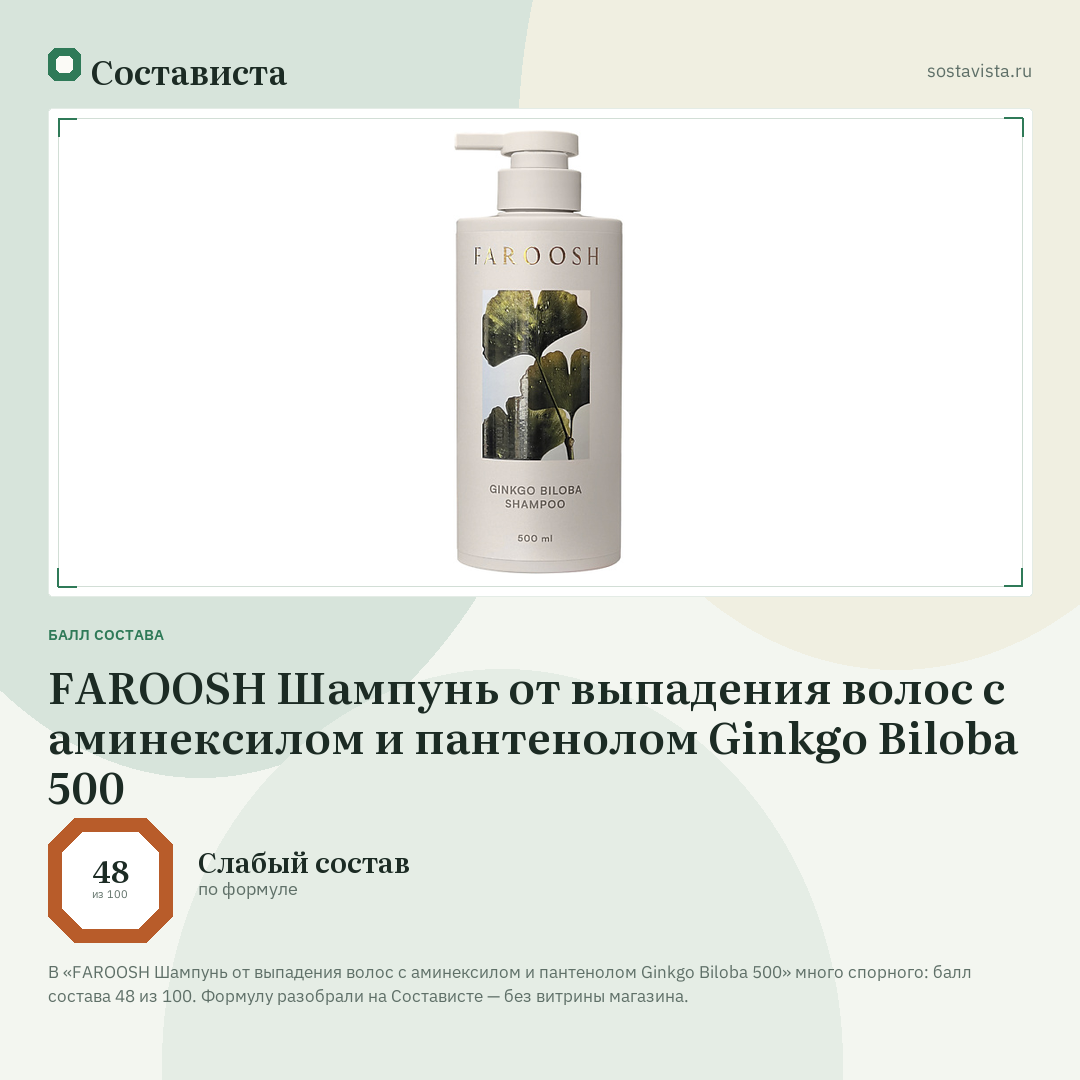FAROOSH Шампунь от выпадения волос с аминексилом и пантенолом Ginkgo Biloba 500: балл состава 48 из 100 — Состависта