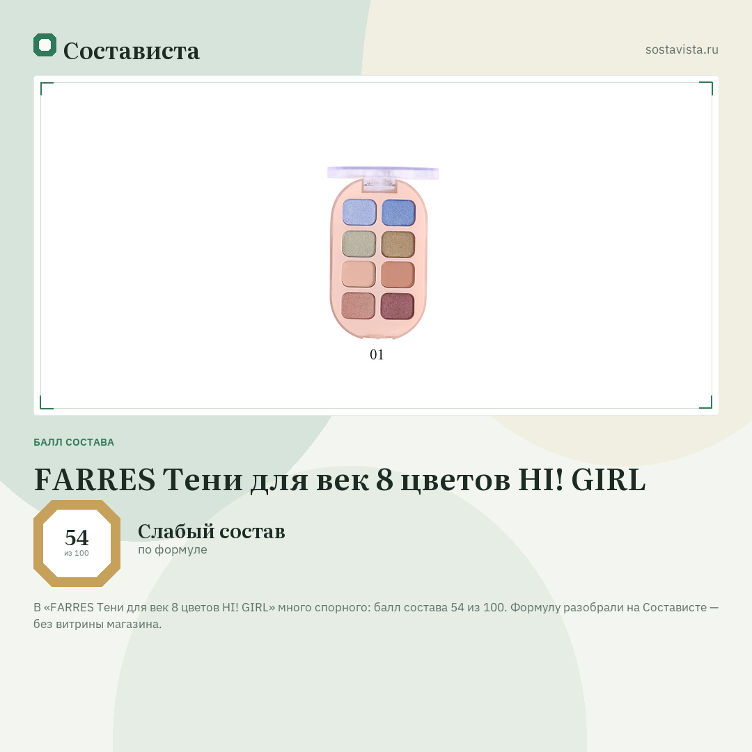 FARRES Тени для век 8 цветов HI! GIRL: балл состава 54 из 100 — Состависта