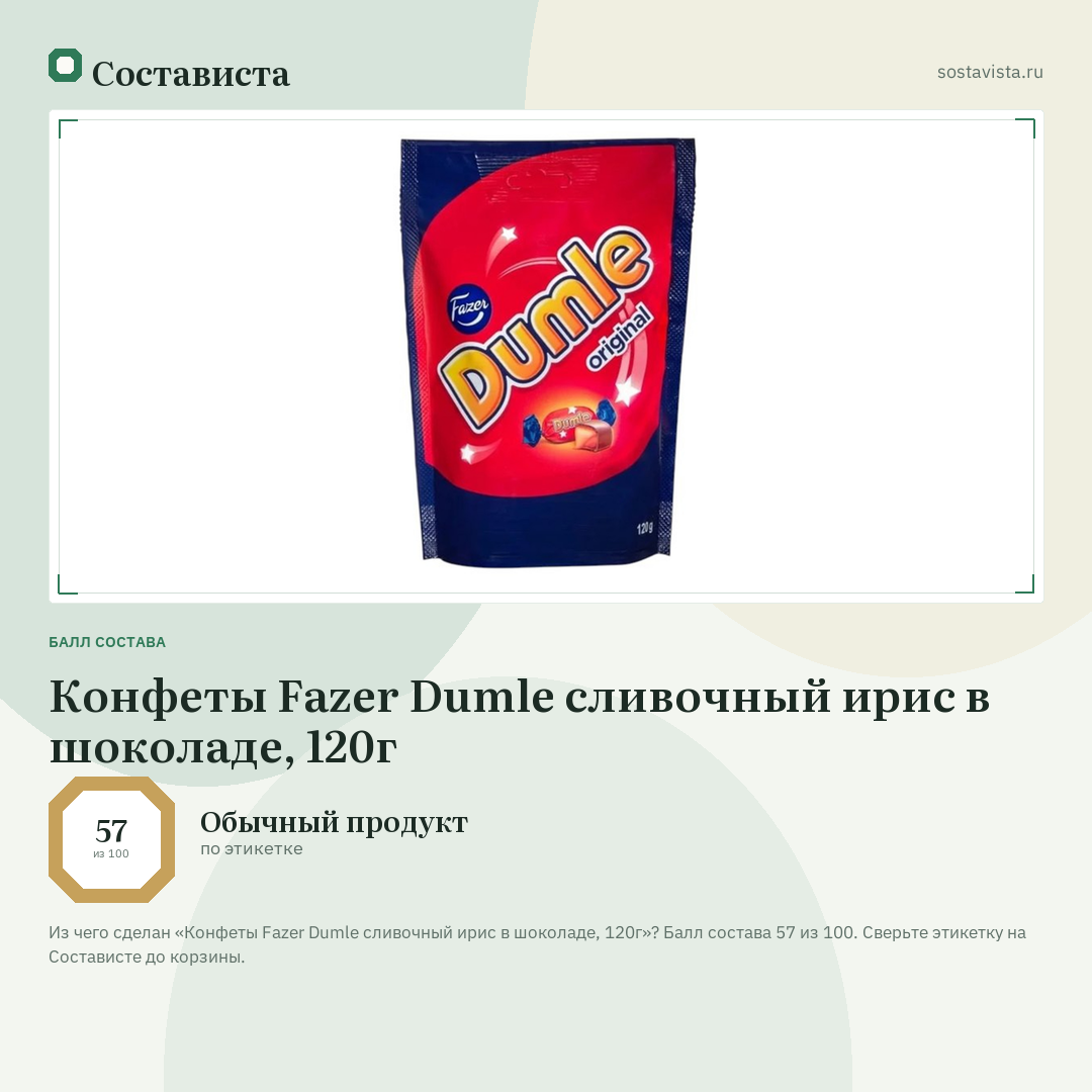 Конфеты Fazer Dumle сливочный ирис в шоколаде, 120г: балл состава 57 из 100 — Состависта