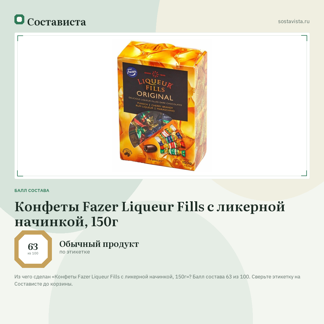 Конфеты Fazer Liqueur Fills с ликерной начинкой, 150г: балл состава 63 из 100 — Состависта
