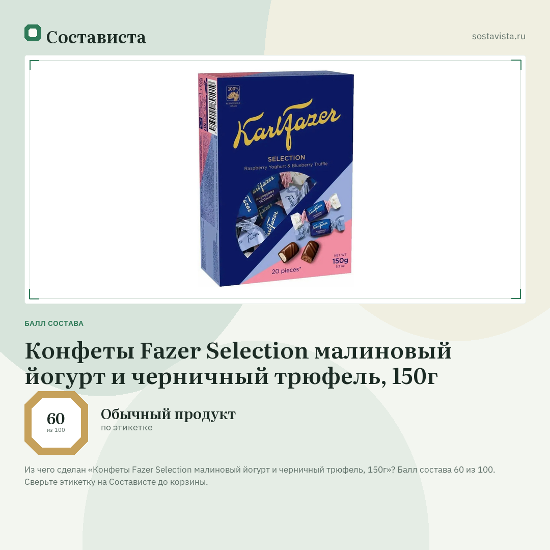Конфеты Fazer Selection малиновый йогурт и черничный трюфель, 150г: балл состава 60 из 100 — Состависта